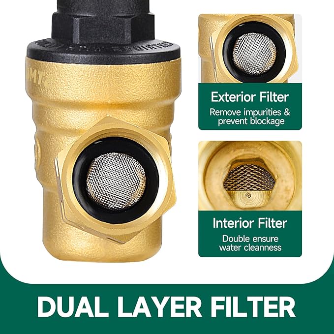 RV Water Pressure Regulator, Brass Lead-Free Adjustable Water Pressure Reducer with Pressure Gauge, includes 2-in-1 Screwdriver, 2 Strainers, Raw Tape for RV Camper and Travel Trailer, Yard.