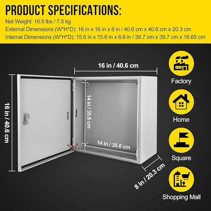 Electrical Box, 16x16x8 NEMA 4X Steel Electrical Box, Ip66 Waterproof & Dustproof, Outdoor/Indoor Electrical Junction Box, Lockable Junction Box
