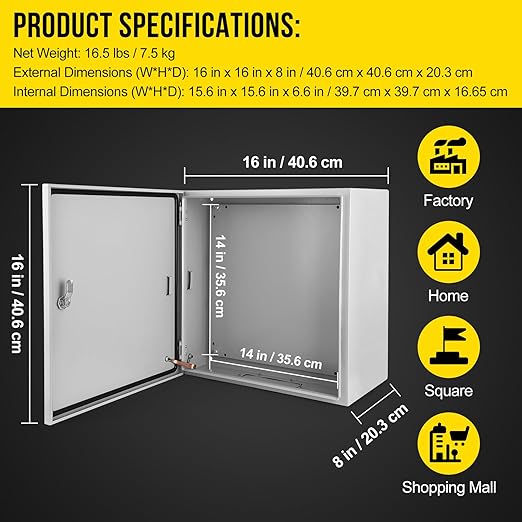 Outdoor Electrical Box, 16x16x8 Steel Junction Box, NEMA 4X Electrical Enclosure Box IP66 Waterproof & Dustproof, Universal Electrical Project Box with Lock & Mounting Plate