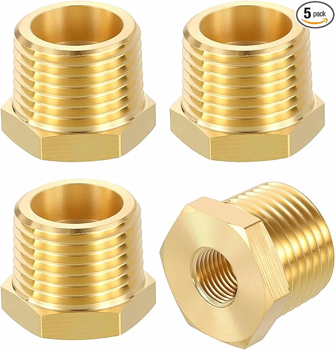 5 Pack Brass Pipe Fittings, 1/2" Male NPT to 1/8" FeMale NPT Brass Hex Bushing Reducer, Hose Tube Threaded Adapter Suitable for Air, Oil, LP, Gas