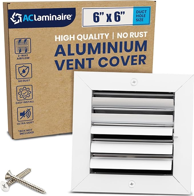 6x6 Inch (Duct Opening) Aluminum 2-Way Air Flow Vent – HVAC Vent Cover for Wall or Ceiling – Quiet HVAC Wall Register with Multi-Shutter Damper – Adjustable Curved Blade - Plastic Seal for Tight Fit