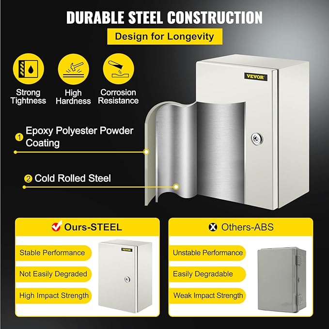 VEVOR NEMA Steel Enclosure 12×8×6,NEMA 4X Steel Electrical Box,IP66 Waterproof & Dustproof,Outdoor/Indoor Electrical Junction Box,with Mounting Plate