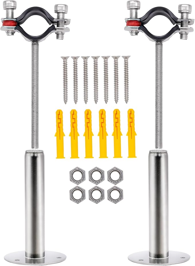2 Pack Pipe Supports,304 Stainless Steel Wall Mount Ceiling Mount Pipe Bracket Clamp Ring Hanger with Screws for Pipe OD 25-27mm, Bracket Adjustable Height 100-200mm