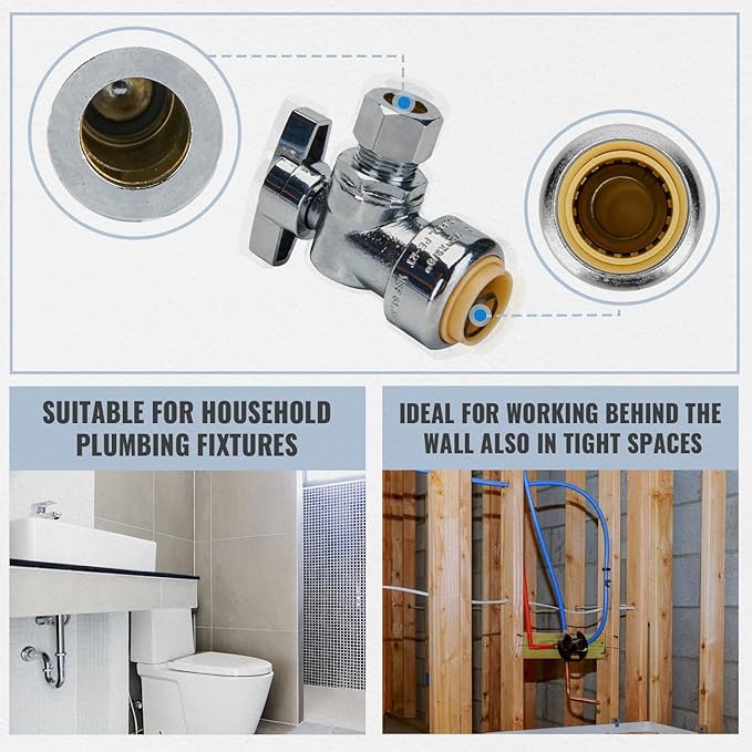 SUNGATOR 1-Pack Angle Stop Valve, Angle Water Shut Off Valve 1/2 x 3/8 Inch Compression, Toilet Water Shutoff, 1/4 Turn, No Lead Brass Push-to-Connect Plumbing Fittings for PEX Pipe, Copper, CPVC