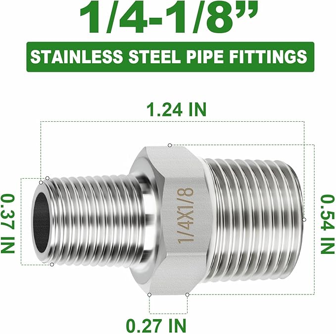 TAISHER 10PCS 304 Stainless Steel New Hex Nipple, 1/4" NPT Male x 1/8" NPT Male, Reducing Pipe Adapter Fitting