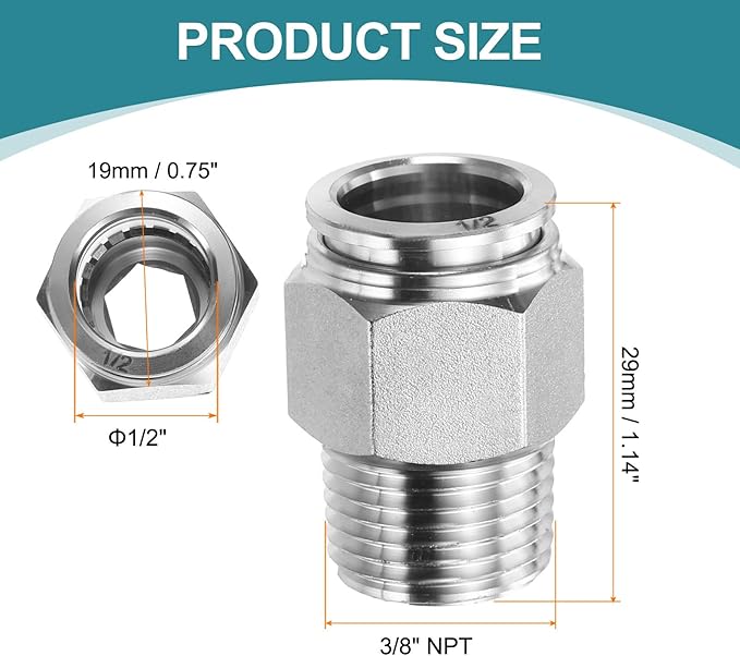 HARFINGTON Push to Connect Fittings 1/2" Tube OD x 3/8" NPT Thread Male Straight Union Fittings 304 Stainless Steel Quick Connect Pneumatic Accessories for Trailers Air Brake System