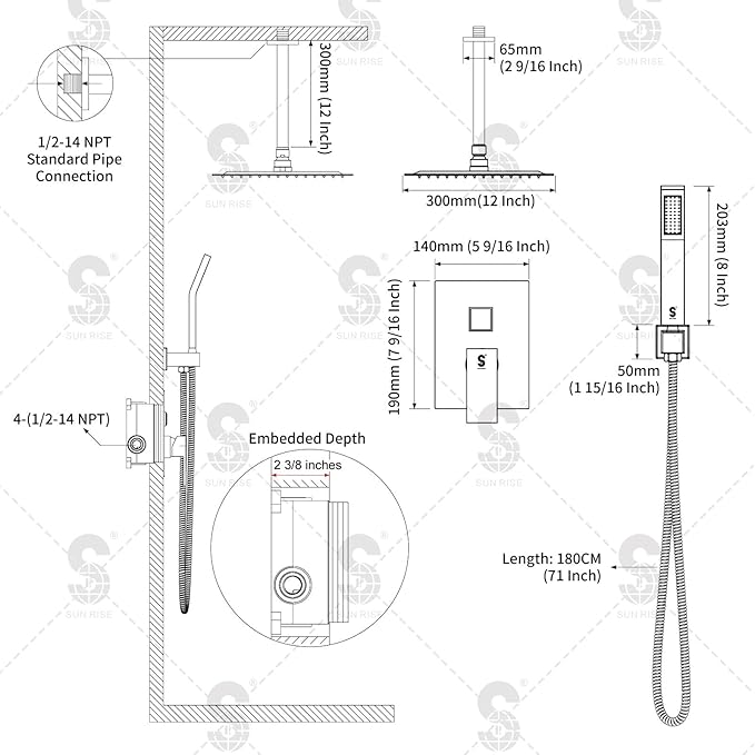 SR SUN RISE 12 Inch Ceiling Mount Matte Black Shower System Bathroom Luxury Rain Mixer Shower Faucet Set Ceiling Rainfall Shower Head System Faucet Trim Repair Kits Rough-in Valve and Trim Included