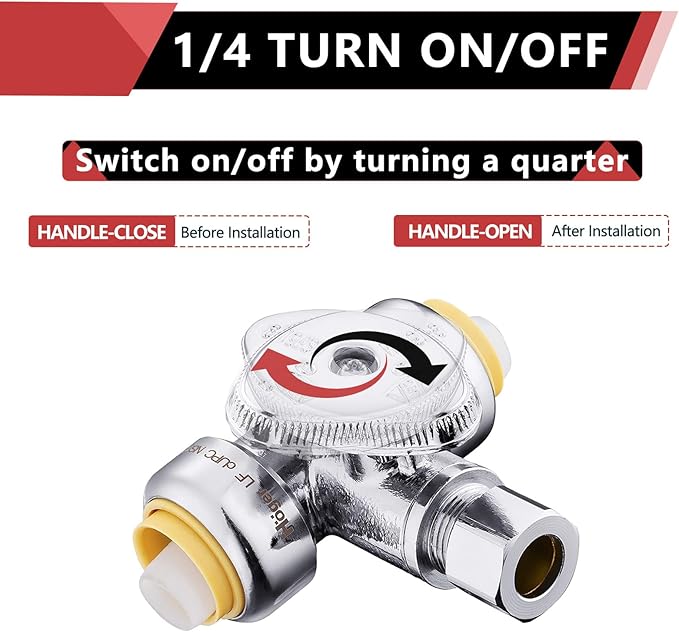 (Pack of 2) EFIELD Push Fit Tee Stop Valve 1/2" Push x 1/2" Push x 3/8" OD, 1/4 Turn Water Shut Off Valve Chrome with a Disconnect Clip,(PF-VALVE043)