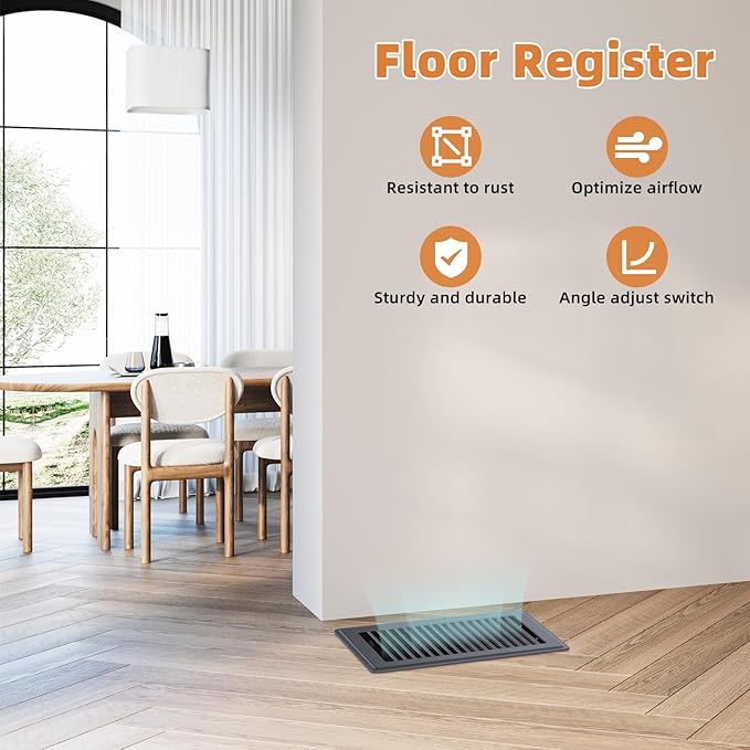 6 x 10 Floor Register, Heavy - Duty Steel Adjustable Airflow Floor Vents, Rust - Resistant with Silent Operation Vent Covers for Home Floor - 4 Pack Dark Gray