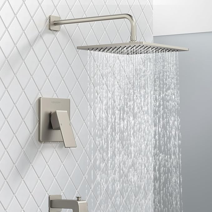 Lava Odoro 12-inch Square Bathtub and Shower Faucet Set Brushed Nickel, Shower Trim Kit with Rough-in Valve High Pressure Gold Rainfall Shower Head and Handle Set, (Valve Included), SF106-BN-T