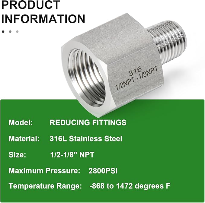 TAISHER 2PCS Forging of 316L Stainless Steel Pipe Fitting, Reducer Adapter, 1/8" NPT Male x 1/2" NPT Female, Reducing Pipe Adapter Fitting
