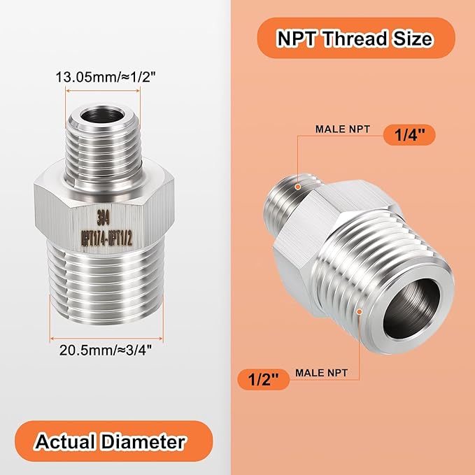 1 Pack 304 Stainless Steel Male to Male Adapter, 1/2" Male NPT x 1/4" Male NPT Hex Nipple Pipe Extension Fitting for Industrial, Automotive, Fluid Transfer, Home Gardening, Water