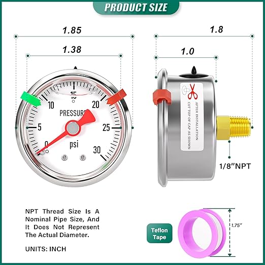 0-30psi Stainless Steel Glycerin Liquid Filled Pressure Gauge 1/8" NPT 1.5" Face Dial, Center Back Mount, for Water, Oil and Air Pressure Testing (with Range Mark Pointer)