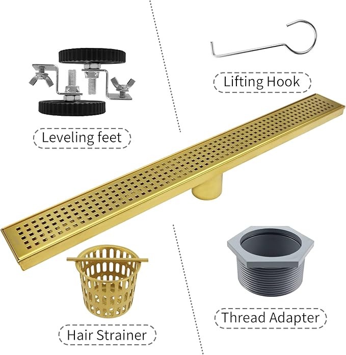 Linear Shower Drain 24", 304 Stainless Steel Floor Drain with Grid Drain Cover & Hair Strainer, Rectangular Shower Drain w/CUPC Certified, Brushed Gold