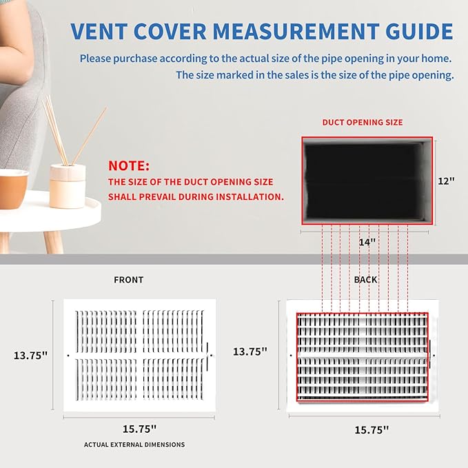 14x12 Vent Register [Duct Opening], Vent Covers for Home Ceiling, Two-Way Ventilation Register, Adjustable Solid Steel Wall Register Vent Cover (14"W x 12"H [Duct Opening])