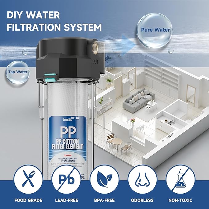 Whole House Water Filter Housing, Fit 10"x2.5" Sediment etc Filters for Well and City Water, Pre-Filtration System for Home, 1/2" Brass Portand includes a 3/4 inch adapter, R-Type O-Ring, Bracketless