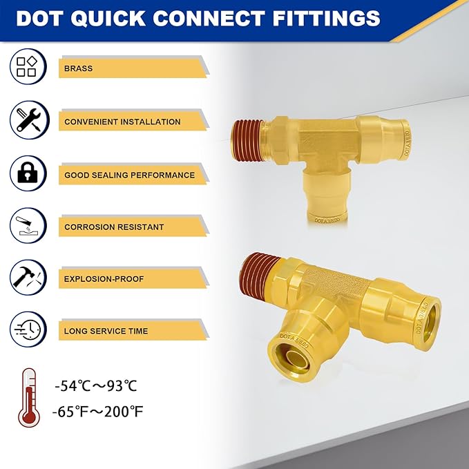 3/8" DOT Brass Air Line Fittings, 3PCS 3/8" OD Tube 1/4" Side NPT Brass Tee Union Push to Quick Connect Air Hose Fittings