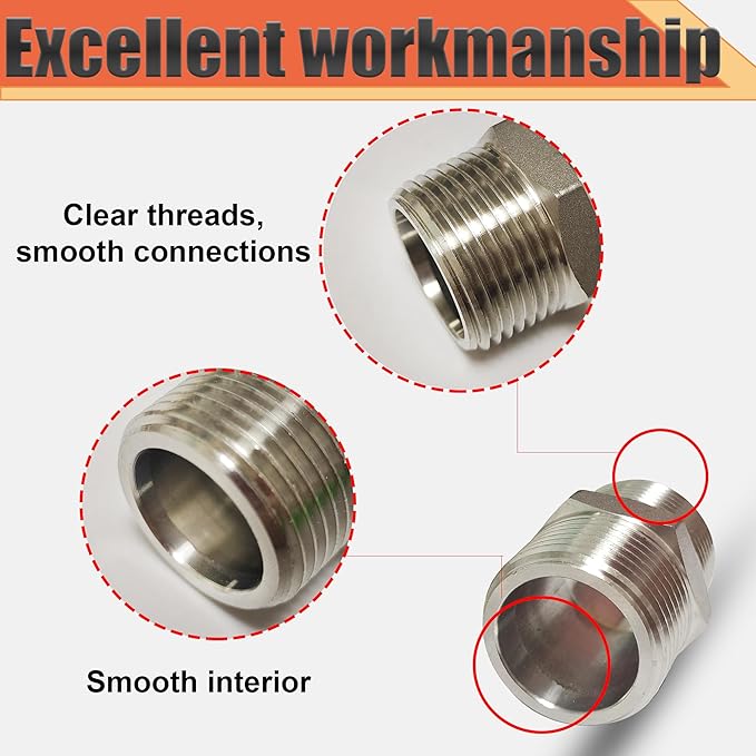 2pcs 1" Male to 1" Male Pipe Hex Nipple, 304 Stainless Steel 1 inch NPT Threaded Short Equal Nipple Connector, Heavy Duty Straight Pipe Fitting Adapter (1",2pcs)
