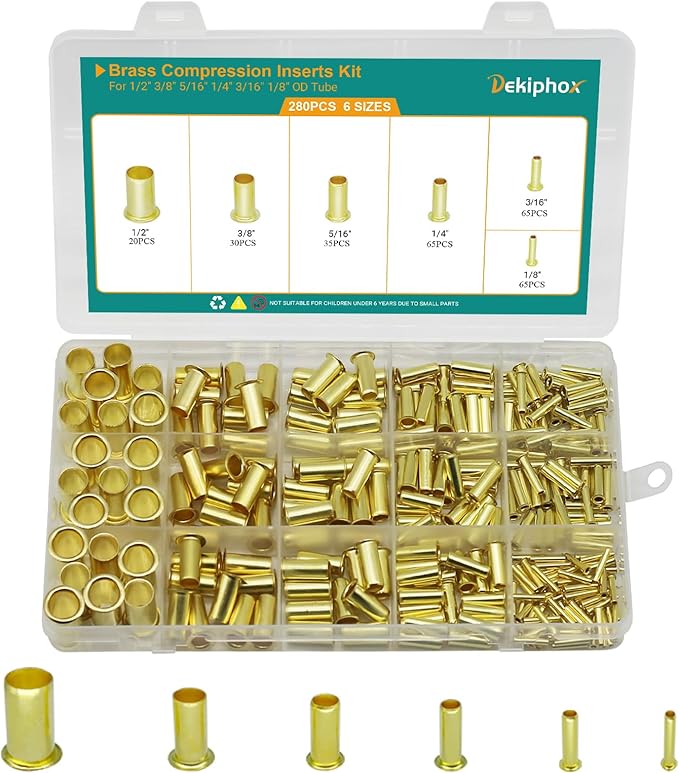 280PCS Brass Compression Insert，for Tube OD 1/8" 3/16" 1/4" 5/16'' 3/8" 1/2", Insert Tube Compression Sleeve Fitting Assortment Kit