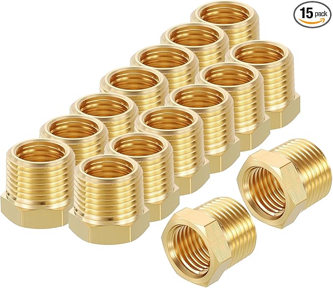 15 Pack Male to FeMale Adapters, 3/8" Male NPT x 1/4" FeMale NPT Brass Hex Bushing Reducer for Industrial, Automotive, Fluid Transfer, Home Gardening, Water Treatment
