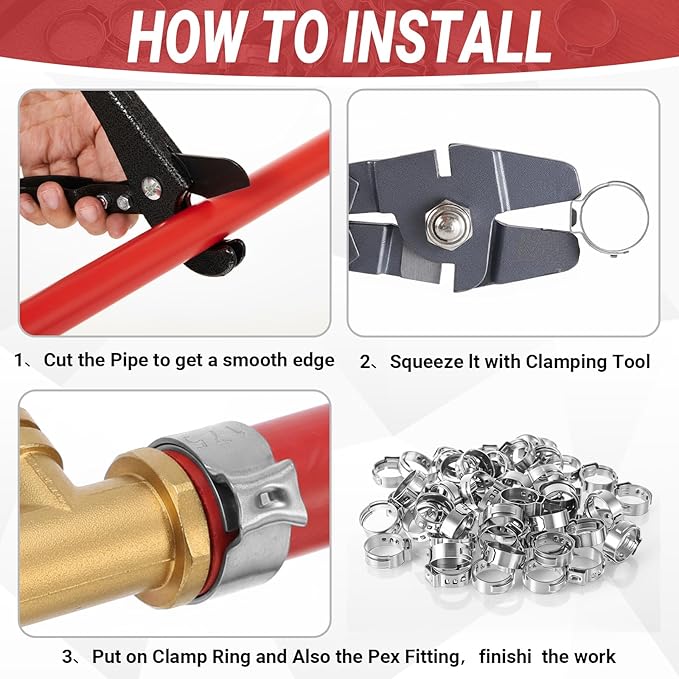 200 Pcs 1/2 Inch PEX Cinch Clamps, 304 Stainless Steel Crimp Rings Single Ear Hose Clamps for PEX Tubing Pipe Fitting Connections, Silver