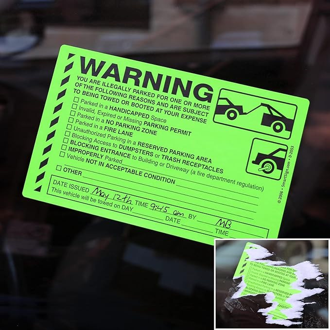 SmartSign Warning You are Illegally Parked Stickers | Book of 50 Labels with Liners, 5 x 8 inch, Tow Warning Parking Violation Sticker, Hard to Remove Write-On Tickets, Fluorescent Green