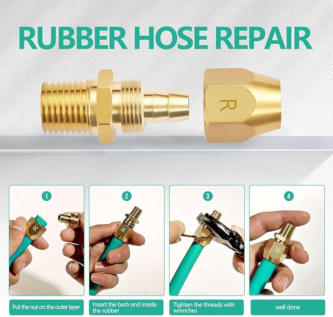2pcs Premium Solid Brass Pneumatics Reusable Rubber Hose-End Repair Fitting, 3/8" Barb For 3/8-Inch ID Rubber Air Hose With 1/4" NPT