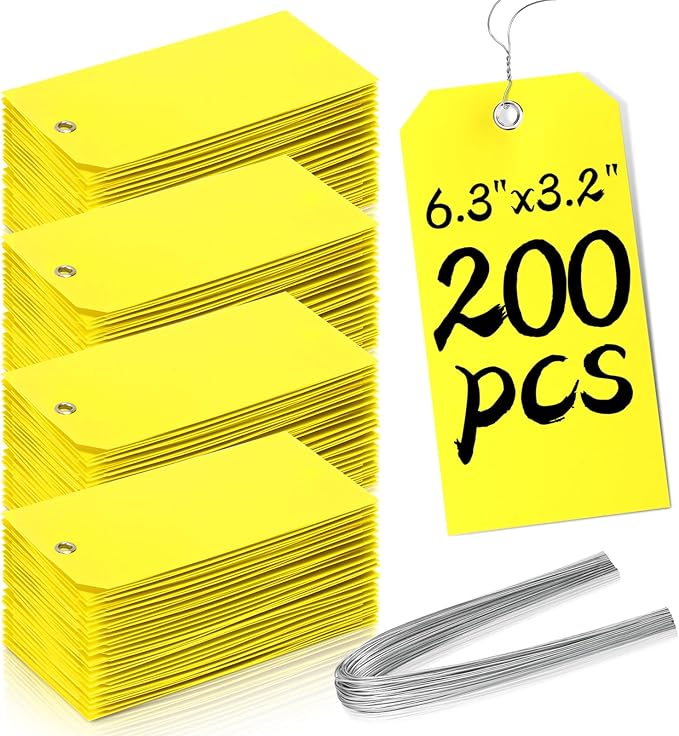 200 Yellow Plastic Hang Tags - 6 1/4 x 3 1/8, Heavy Duty, Write On, Ideal for Equipment, Car Parts, Inventory & Repair