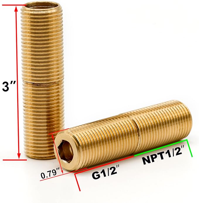 (2 pcs) Brass Pipe Adapter Plumbing, G Thread 1/2" Male to NPT Thread 1/2" Male Pipe Fitting Adapter, 3 inch Length, Seamless and Leakproof (3" Length)