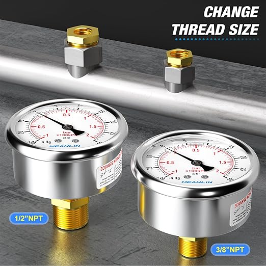 MEANLIN MEASURE -30inHG~30Psi Stainless Steel 1/4" NPT 2.5" FACE DIAL,Vacuum Pressure Gauge,Center Back Mount, with 1/4" x 1/2" NPT and 1/4" x 3/8" NPT Hex Bushing
