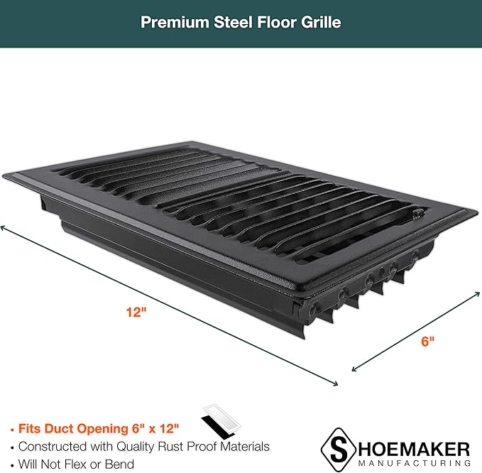 Shoemaker 6x12 Floor Register – Black Heavy Duty Metal Floor Vent Cover for Home Floors - Premium Forced Air Vent Covers