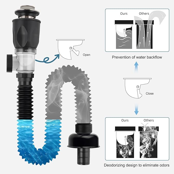 iFealClear Bathroom Sink Drain Kits, Flexible P-Trap Drain Pipe with Pop Up Stopper, Bathroom Sink Pipe Tube Replacement with 2 Adapters, Fits 1-1/4'', 1-1/2'', 2" Holes, Hair Catcher, Brushed Nickel