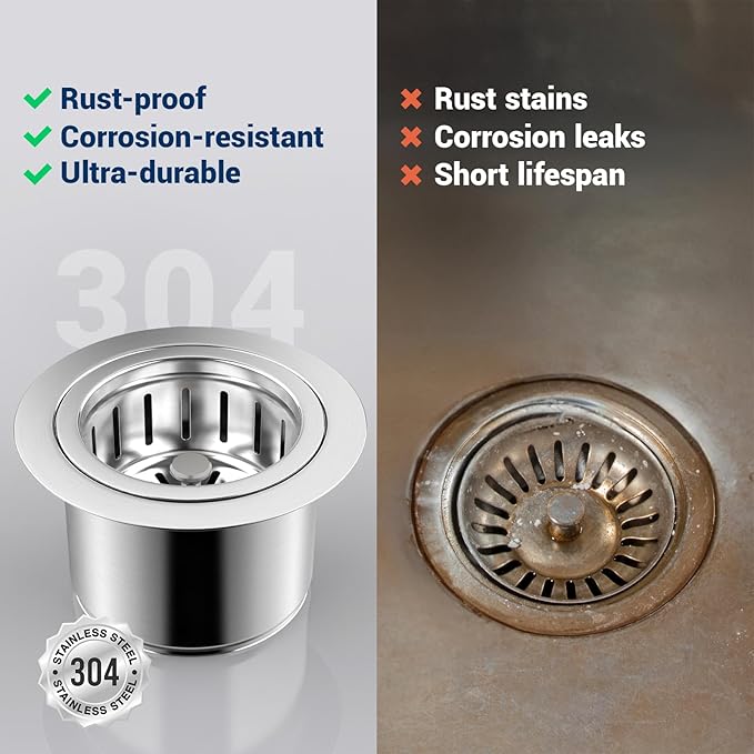 Kitchen Extended Garbage Disposal Flange Strainer Stainless Steel Kit with Basket Strainer and Drain Stopper for 3 1/2 Inch Standard Sink Drain, Deep Sink Flange for Disposer, Brushed Stainless
