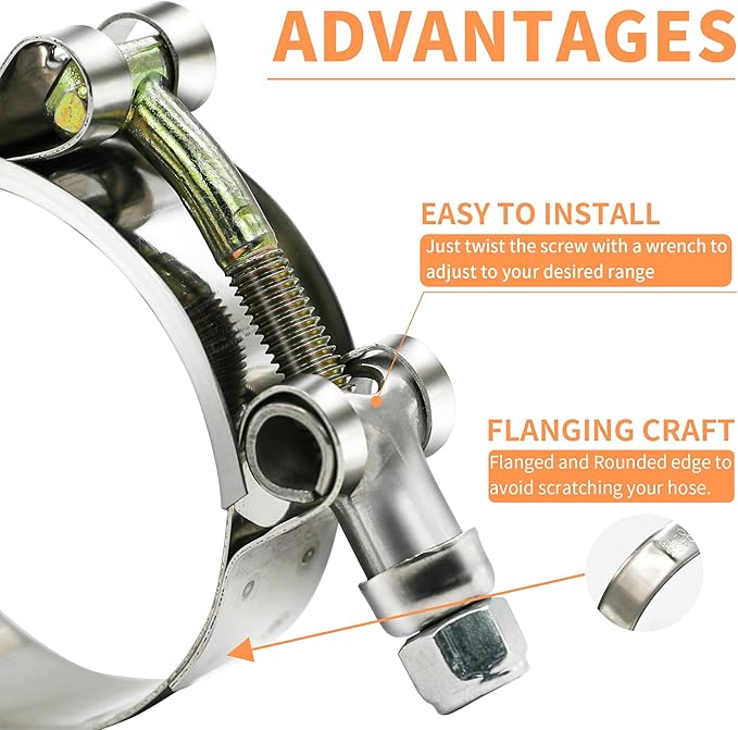 4 Pack 1.75" T-Bolt Hose Clamps, 304 Stainless Steel Turbo Intake Clamp, Working Range 1.97"-2.24"(50mm-57mm) for 1.75" I.D. Hose