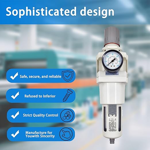 XingNEeng 1" NPT Compressed Air Filter Regulator Lubricator Combo, Water/Oil Trap Separator, Gauge(0-150 psi), Semi-Auto Drain, Poly Bowl, 5 Micron Brass Element, Metal Bracket, for Pneumatic Systems