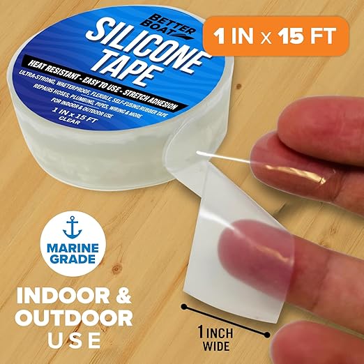 Better Boat Clear Heavy Duty Silicone Tape, Self-Fusing Rubber Hose and Plumbing Water Pipe Repair Seal, Coax Electrical or Waterproof Tape for Leaks, 15ft