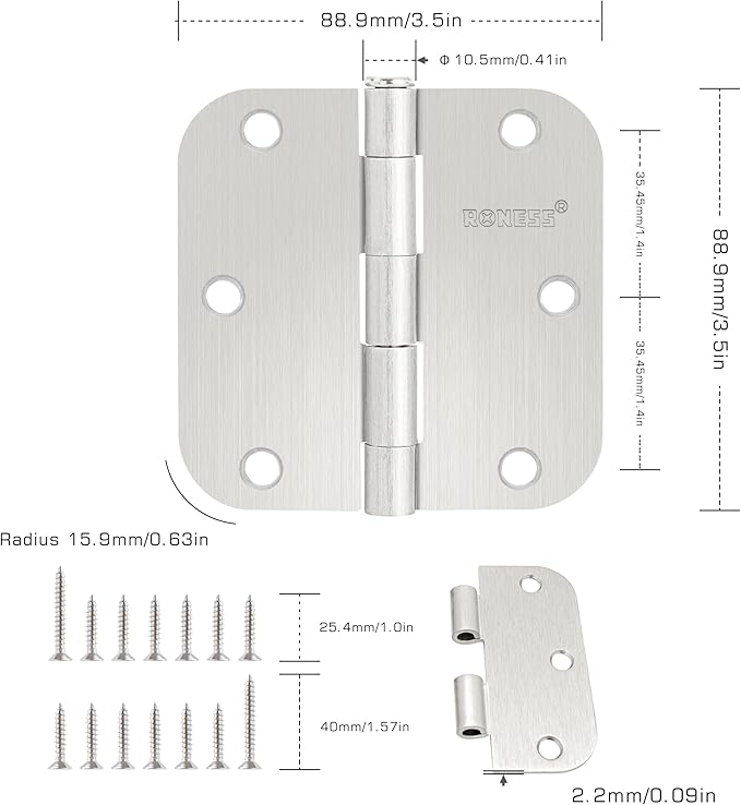 9 Pack Brushed Nickel Door Hinges 3.5 Inch, 5/8" Radius Rounded, Standard Residential for Doors 3 ½",Sturdy Hinges, Interior Hinges
