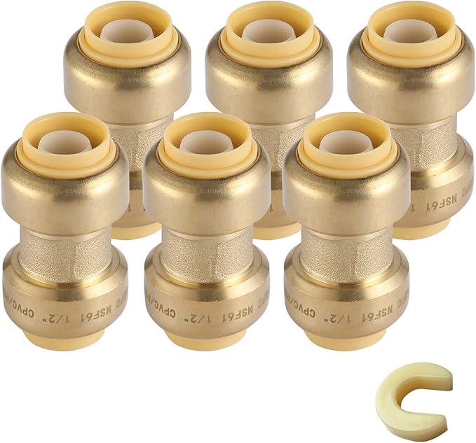 6 Pack 3/4 Inch Pushfit Straight Coupling, PEX Brass Push-fit Coupling with Disconnect Clip, Push-to-Connect Plumbing Fittings for PEX, Copper, CPVC