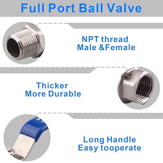 DERNORD Full Port Ball Valve 1/2 Inch - Male x Female Stainless Steel 304 Heavy Duty for Water, Oil, and Gas,1000WOG (1/2 Inch NPT)