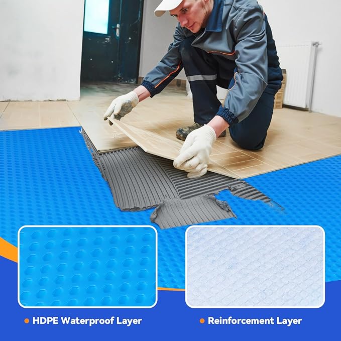 Uncoupling Membrane for Tile, 1/8''(3mm) Waterproof Flooring Underlayment –54Sq.Ft Crack Prevention Mat for Bathroom, Shower, Kitchen, Basement