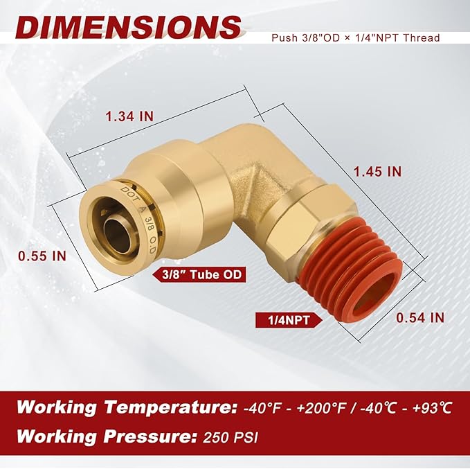 3/8" Quick Push to Connect Fittings Brass 90 Degree Union Swivel Elbow Joint DOT Approved 3/8" Tube OD x 1/4" NPT Thread Air Brake Line Adapter Air Suspension Kit for Car Truck Trailers 2pcs