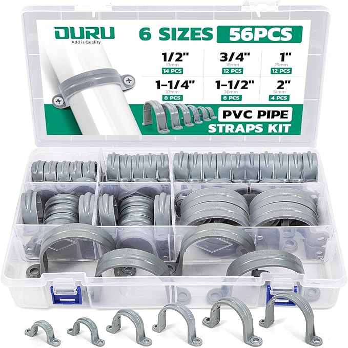 56pcs PVC Pipe Straps Assortment Kit, 6 Size 2-Hole Plastic Pipe Clamp, Conduit Clamp for Reinforcing Pipes, Conduits and Tubes