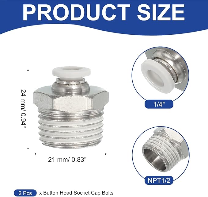 MECCANIXITY 2 Pcs NPT Push to Connect Air Fittings, Male Straight 1/4" Tube OD x 1/2" NPT Thread Air Quick Connector Coupling Adapter for Gas Hose Pneumatic Tools, White
