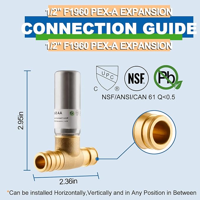 Stainless Steel Water Hammer Arrestor, 1/2 Inch Pex-A Expansion Tee Hammer Arrestor For Potable Water Plumbing Application, F1960 Tee Connection