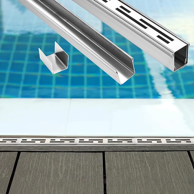 1 Pcs Pool Deck Drain 1.25-inch W x 4-feet L, Silver Outdoor Deck Drainage System 304 Stainless Steel with Coupling, Channel Drain for Integrated Grate/Concrete/Paver/Patios/Walkways