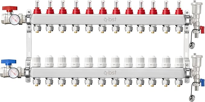 ABST PEX Manifold,12 Loop Stainless Steel Floor Radiant Heat Manifold Kit with 1/2" Adapters Included for Hydronic Radiant Floor Heating