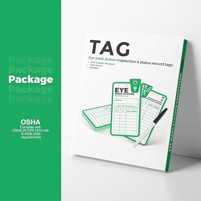 Eye Wash Station Inspection Tags - 50 Pack, Yearly Monthly Eyewash Inspection Station Tags, RP-Plastic, OSHA Approved, Waterproof