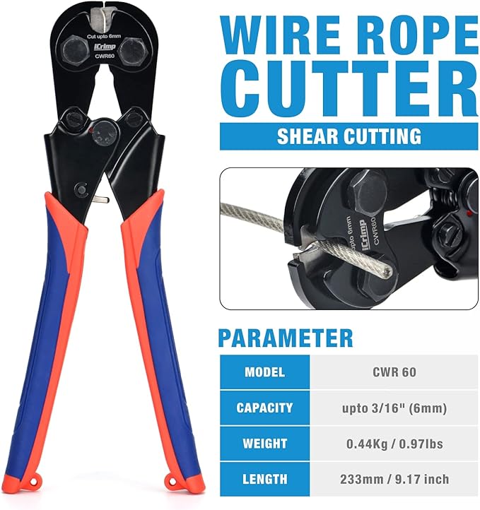 iCrimp IWS-1608B Wire Rope Crimping Tool for Aluminum Loop Sleeves, Duplex Oval Cable Ferrules 1/16’’ to 3/16’’, c/w Wire Rope Cable Cutter
