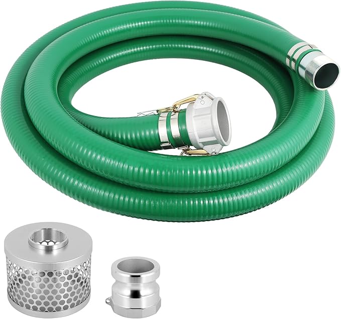 Heavy Duty 2" x 20' Green PVC Discharge Hose Pump Kit, Pool Suction Hose with Aluminum Camlock Fittings, Steel Round Strainer, Cam & Groove Adapter