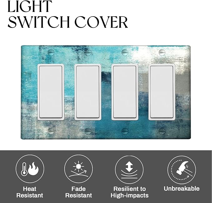 Turquoise Teal Grey 4-Gang Rocker Light Switch Cover Abstract Art Decorative Wall Plate Cover Modern Electrical Outlet Covers